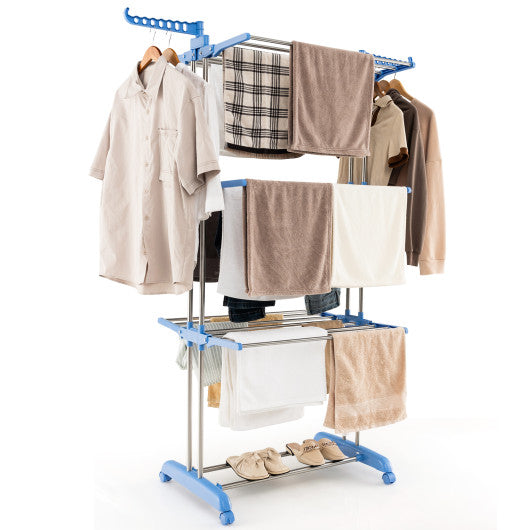 4-tier Folding Clothes Drying Rack with Rotatable Side Wings-Blue Online Sale