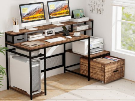 67 Inch Computer Desk with Monitor Stand & File Drawer-Rustic Brown Cheap