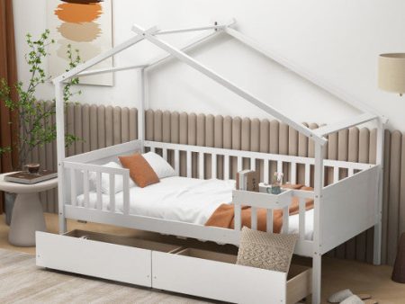 Twin House Bed with 2 Storage Drawers and Roof & Fence Rails-White Discount