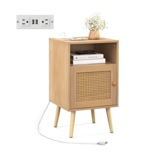 Rattan Nightstand with Charging Station Bedside Table with USB Ports and PE Rattan Door-Natural For Sale