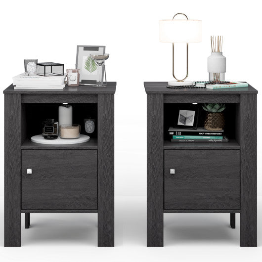 Compact Floor Farmhouse Nightstand with Open Shelf and Cabinet-Dark Gray Online Sale