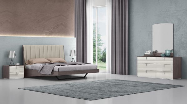 Queen Grey Upholstered Faux Leather and Ivory Gloss Bed Frame For Cheap