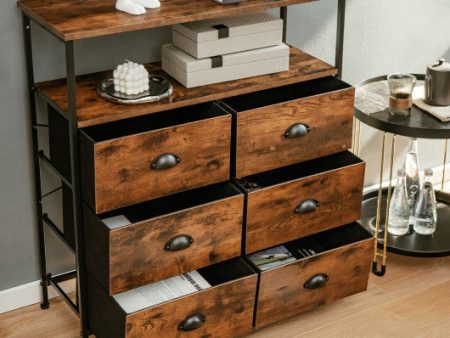 2-Tier Storage Chest with Wooden Top and 6 Fabric Drawers-Rustic Brown Fashion