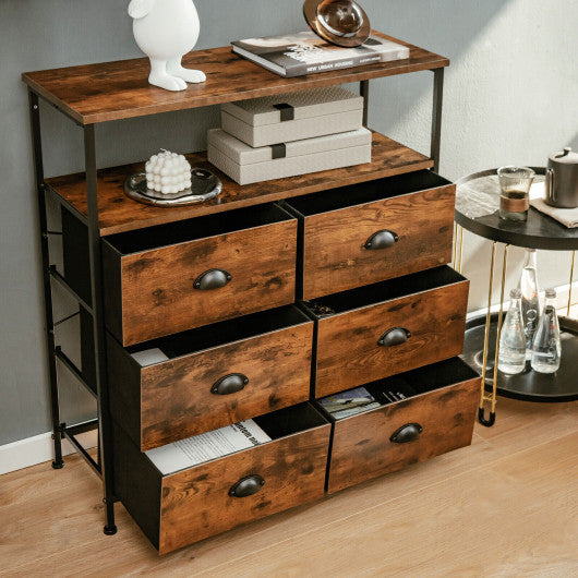 2-Tier Storage Chest with Wooden Top and 6 Fabric Drawers-Rustic Brown Fashion