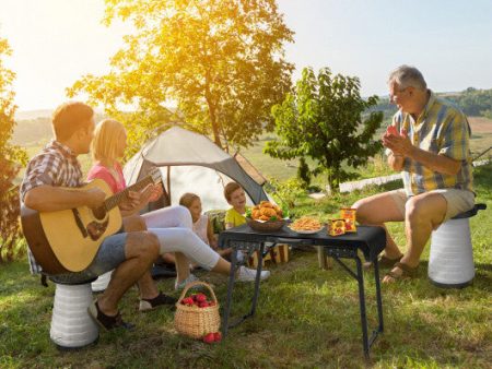 3 Pieces Folding Camping Table Stool Set with 2 Retractable LED Stools-Black Sale