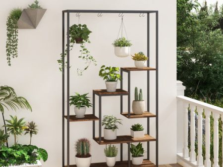 6-Tier Tall Plant Stand 71  Metal Indoor Plant Shelf with 10 Hanging Hooks-Rustic Brown For Discount