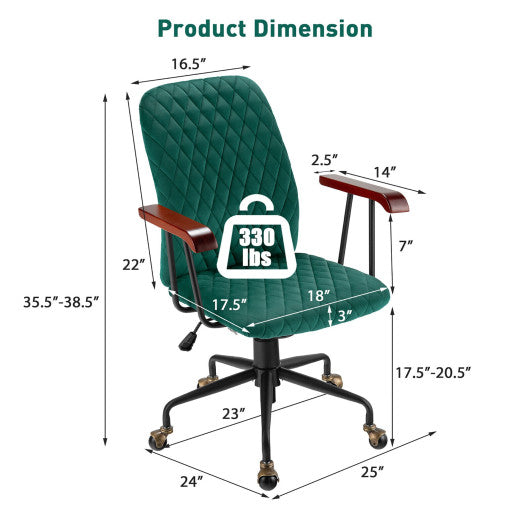 Velvet Home Office Chair with Wooden Armrest Green Sale