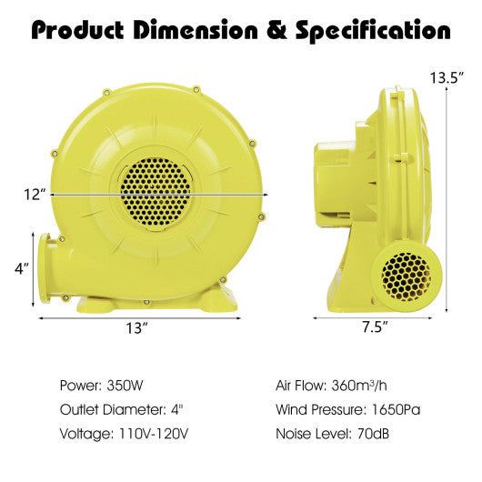 350 Watt 0.5 HP Air Blower Pump Fan for Inflatable Bounce House and Bouncy Castle-Yellow For Sale