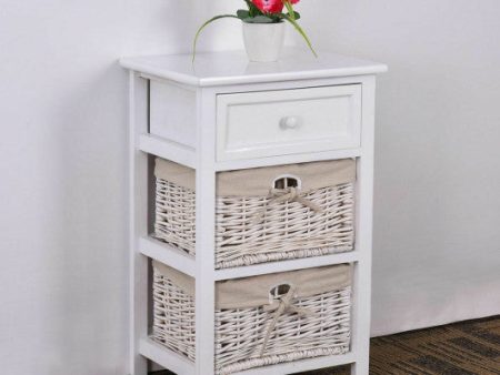 3 Tier Set of 2 Wood Nightstand with 1 and 2 Basket Drawer -White Sale