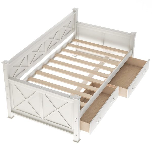 White Cross Back Wood Twin With Two Drawers Bed Frame Online Hot Sale