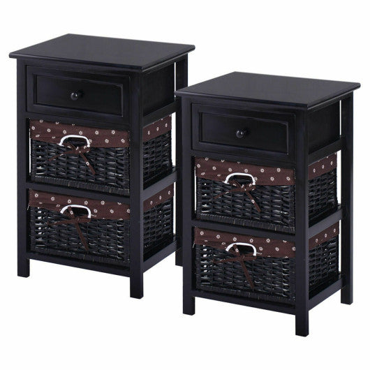 3 Tier Set of 2 Wood Nightstand with 1 and 2 Drawer -Black Online