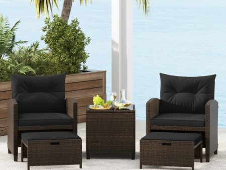 5 Pieces Patio Rattan Furniture with 2 Ottomans and Tempered Glass Coffee Table-Black Fashion