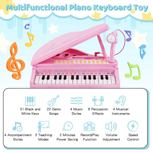 31 Keys Kids Piano Keyboard with Stool and Piano Lid-Pink Cheap