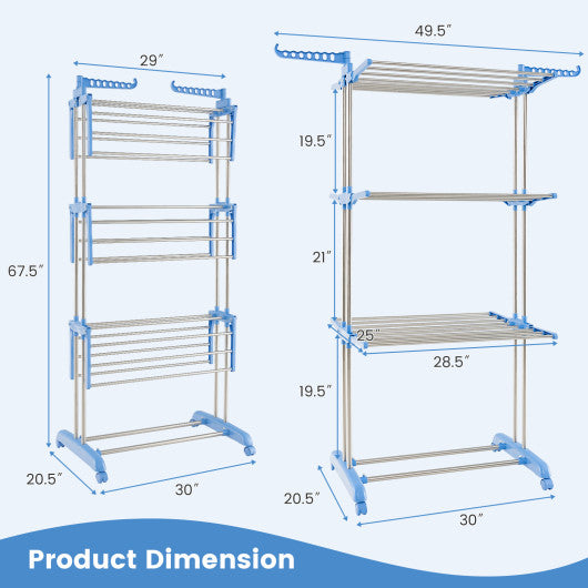 4-tier Folding Clothes Drying Rack with Rotatable Side Wings-Blue Online Sale