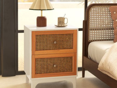 Boho Accent Table Nightstand with 2 Handwoven Rattan Decorated Drawers-White Hot on Sale