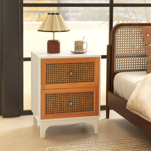 Boho Accent Table Nightstand with 2 Handwoven Rattan Decorated Drawers-White Hot on Sale