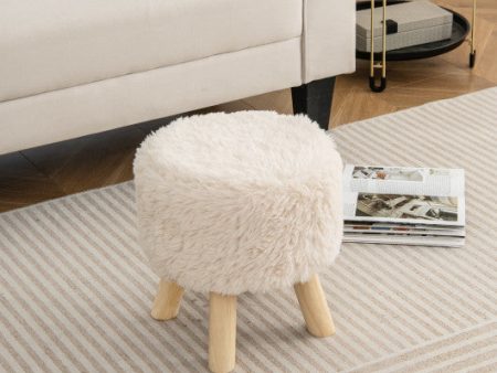 Round Footstool Ottoman Faux Fur Footrest with Padded Seat and Rubber Wood Legs-White For Sale