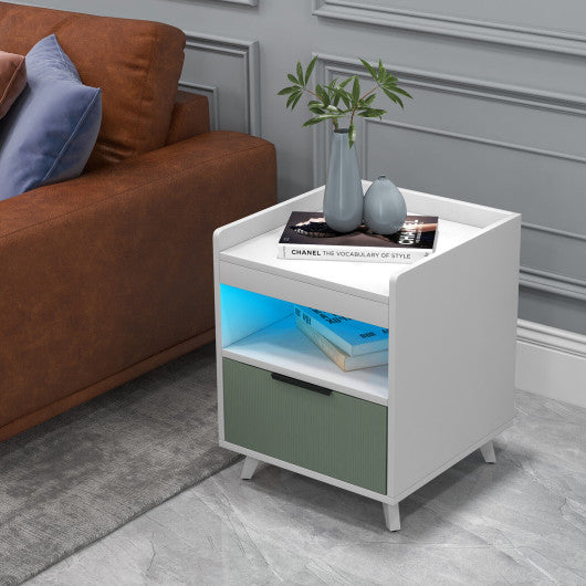 Modern Nightstand with LED Lights Sliding Drawer and Open Compartment-White Fashion