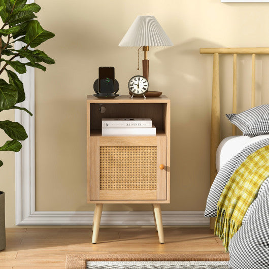 Rattan Nightstand with Charging Station Bedside Table with USB Ports and PE Rattan Door-Natural For Sale