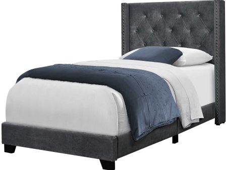 45.25  X 82.75  X 49.75  Dark Grey Velvet With Chrome Trim - Twin Size Bed For Sale