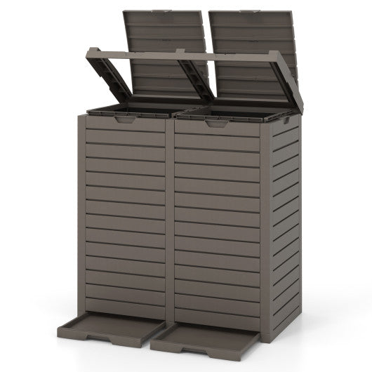 62 Gallon Outdoor Trash Can Waterproof Double Bin with Tiered Lid and Drip Tray-Coffee Online Sale