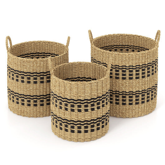 Seagrass Basket Set of 3 Stackable Storage Bins with Handles Woven Round Basket-M Online